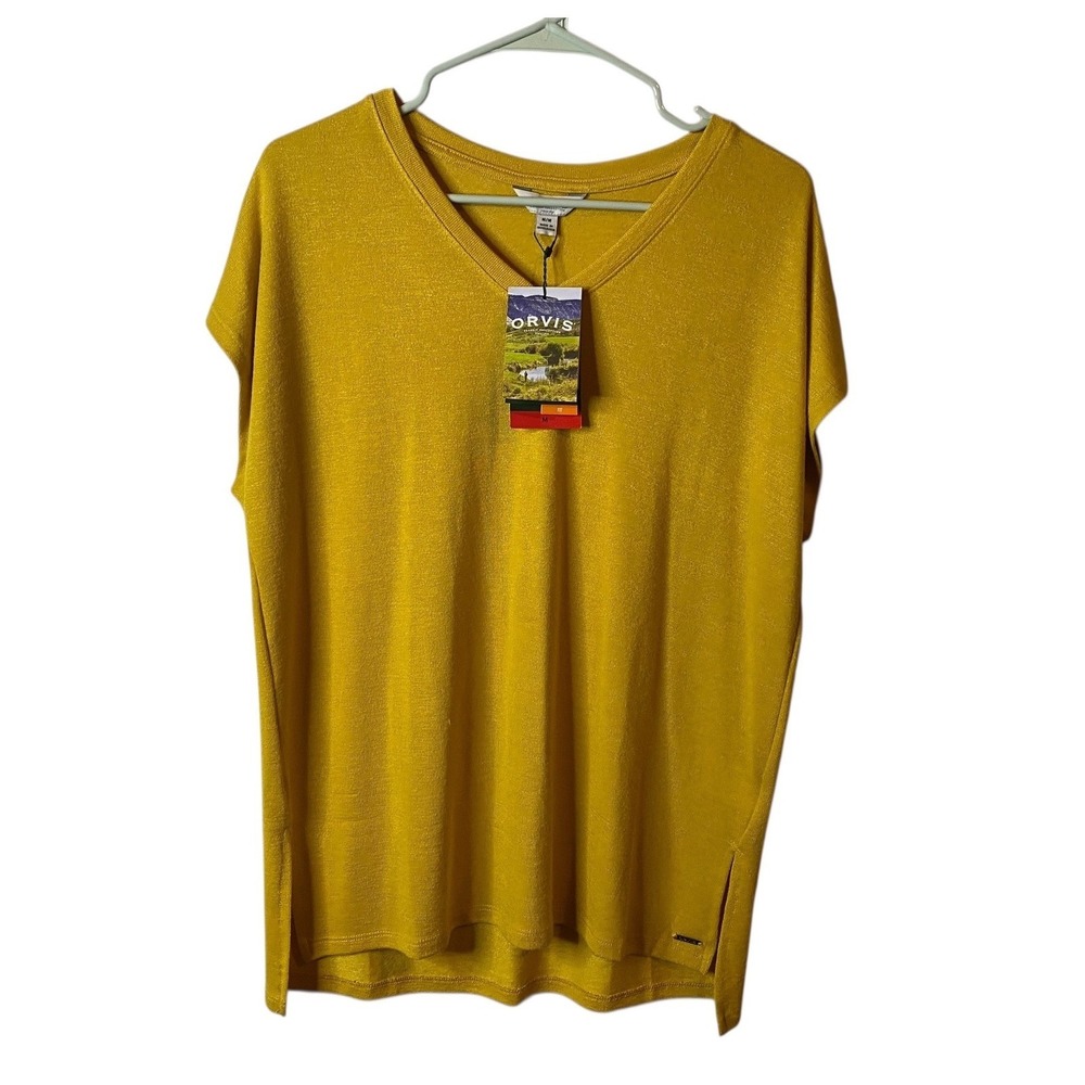 Orvis Womens Gold Tunic Knit Top Cap Sleeve V Neck Medium New With Tags